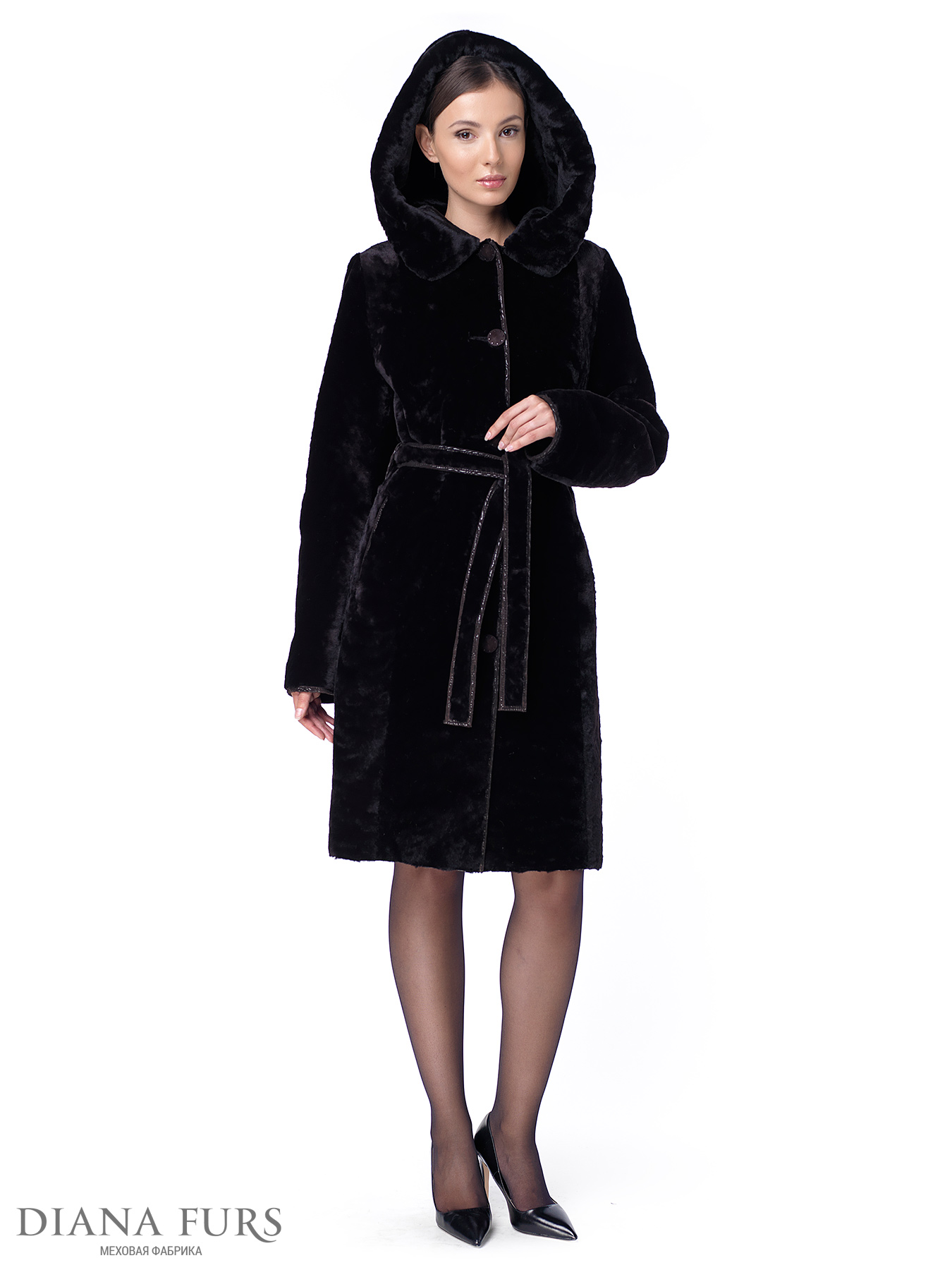Французское пальто из мутона с капшоном, под пояс, модель 203-100